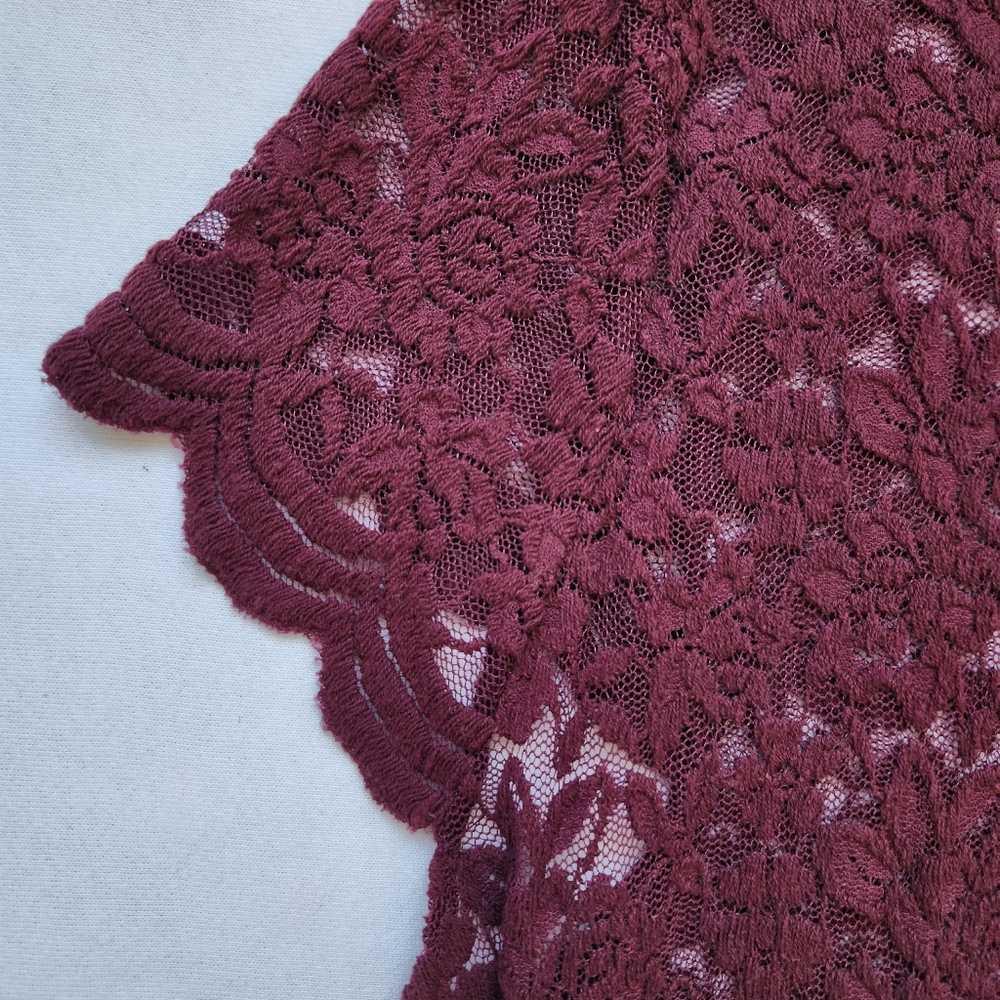 Lace Sheer Top Stretchy Whimsigoth Short Sleeve Maroon Burgundy Oxblood Pretty - Picture 6 of 14